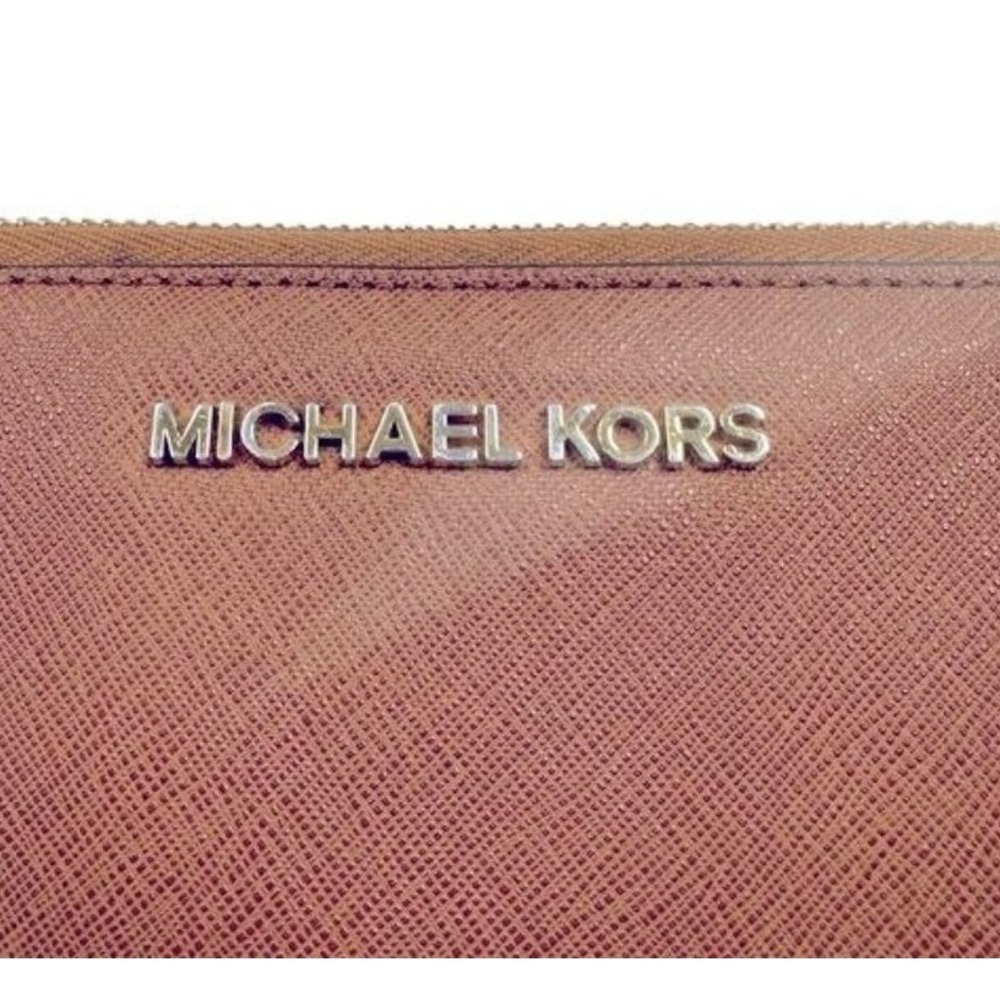 Michael Kors Jet Set Travel Zip Around Wallet brown Saffiano Leather Silver Logo - Picture 2 of 7